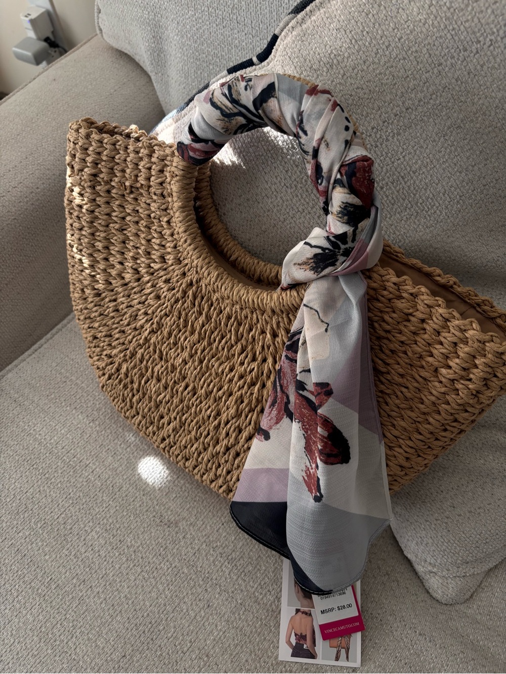 Express Woven Straw Bag with Floral Scarf - Natural